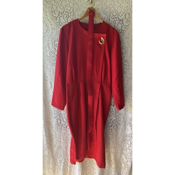 Petite Focus Red Midi Dress Women's 16P 80s Pinup VTG Gold Tone/Bronze Pin Belt‎ - Picture 1 of 8